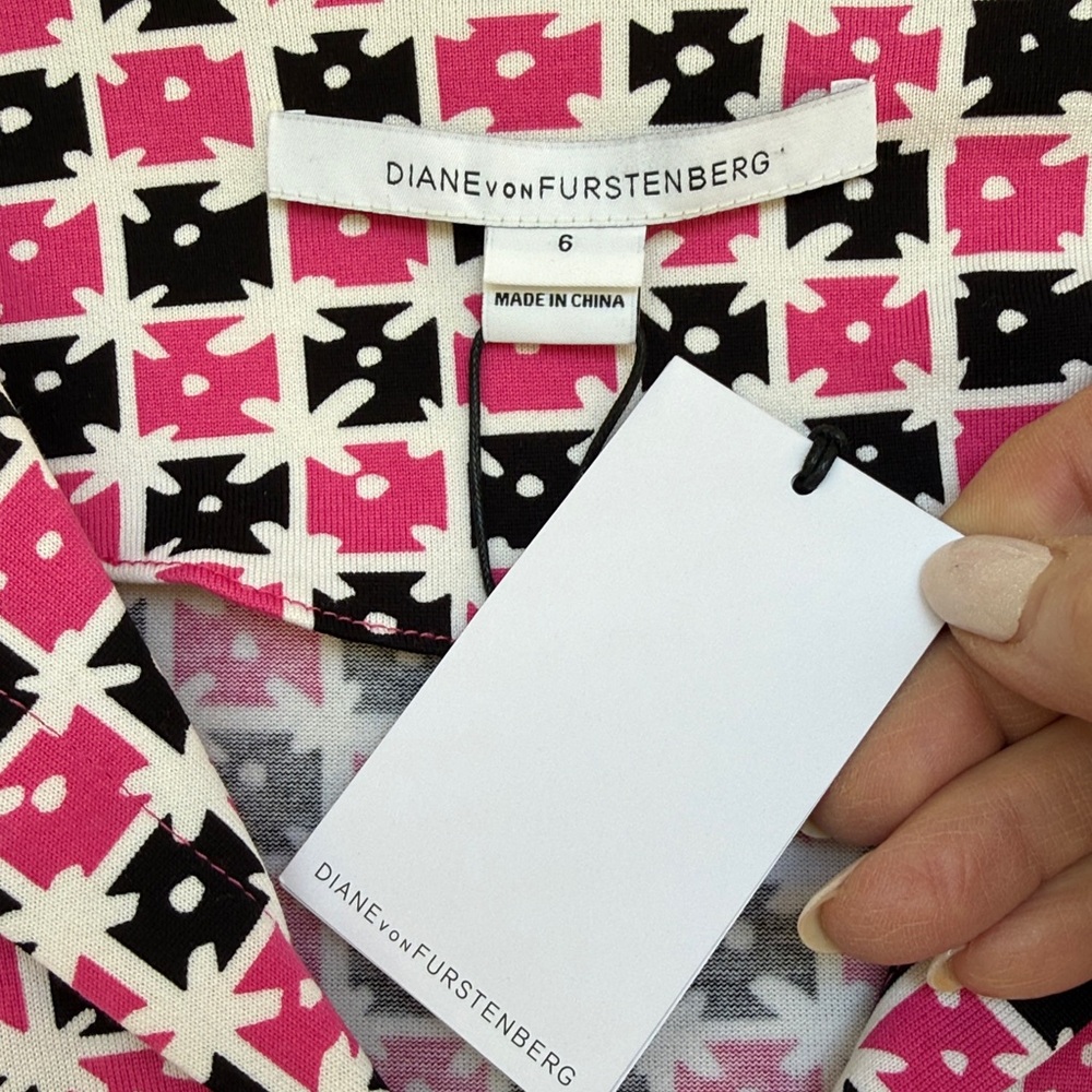 NWT Diane von Furstenberg Reina “Check Dot Pink” Long Sleeve Shift Dress Size 6 - Picture 3 of 14